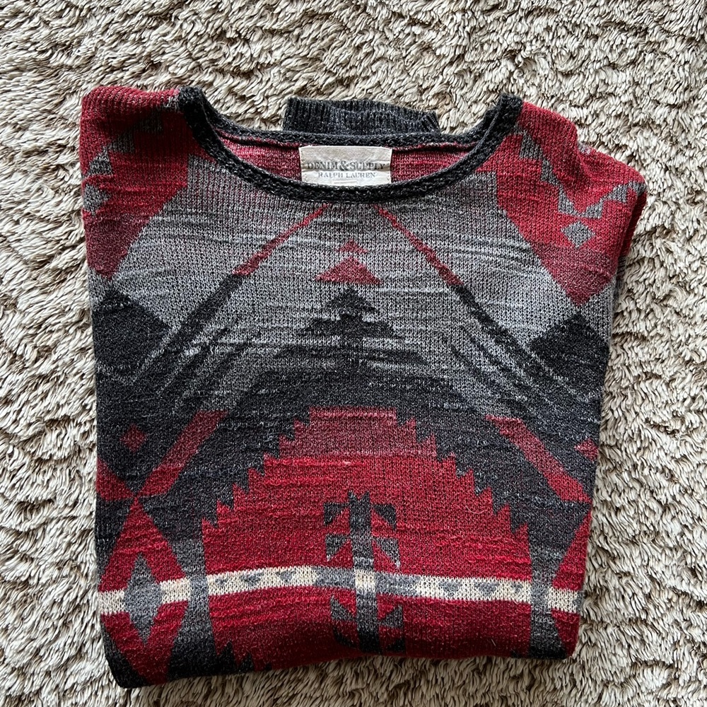 Denim Supply Vintage Red Grey Native American Pullover Sweater